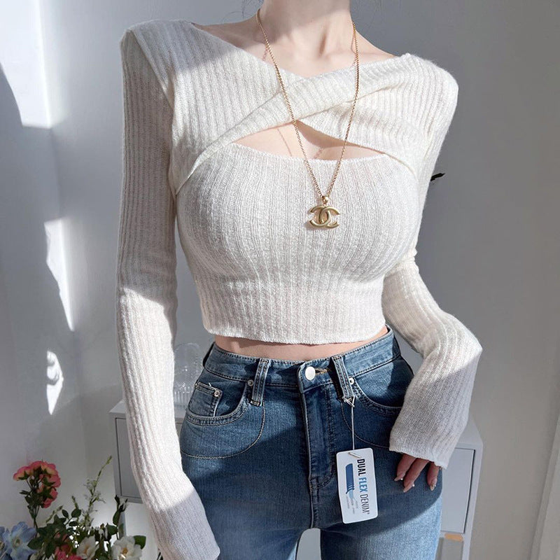 Knitted Twisted Hollow Out Cutout Long Sleeved Top Fall Women Clothing Fashionable Casual Slim Bottoming Shirt for Women White