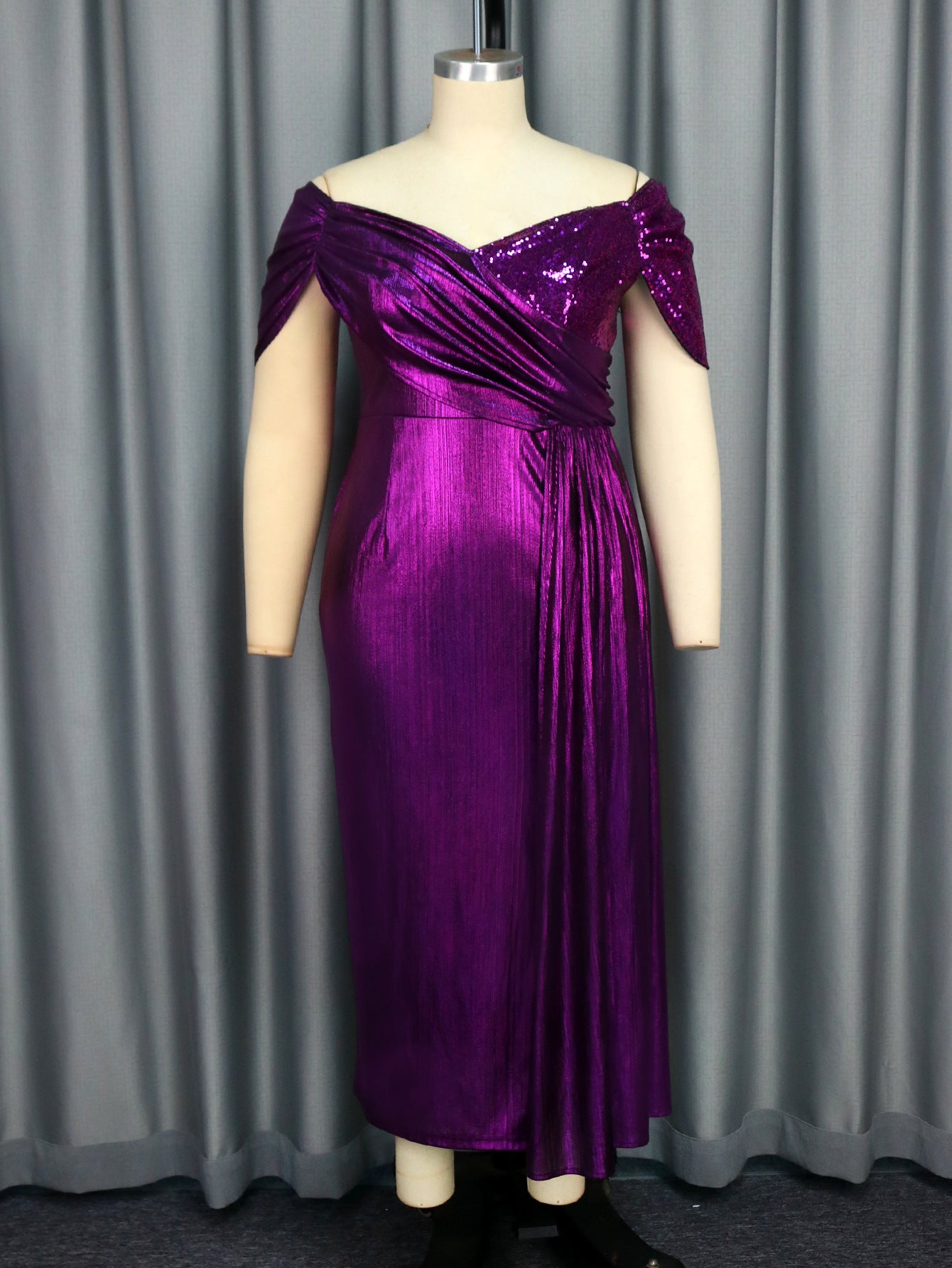 Shoulder V neck Cocktail Evening Dress Party Pleated under Sleeve Cover Dress Dresses Purple