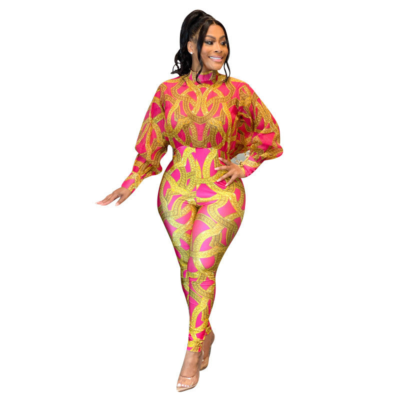 Sexy Tight Jumpsuit Milk Silk Printed Long Sleeve Turtleneck Jumpsuit Yellow