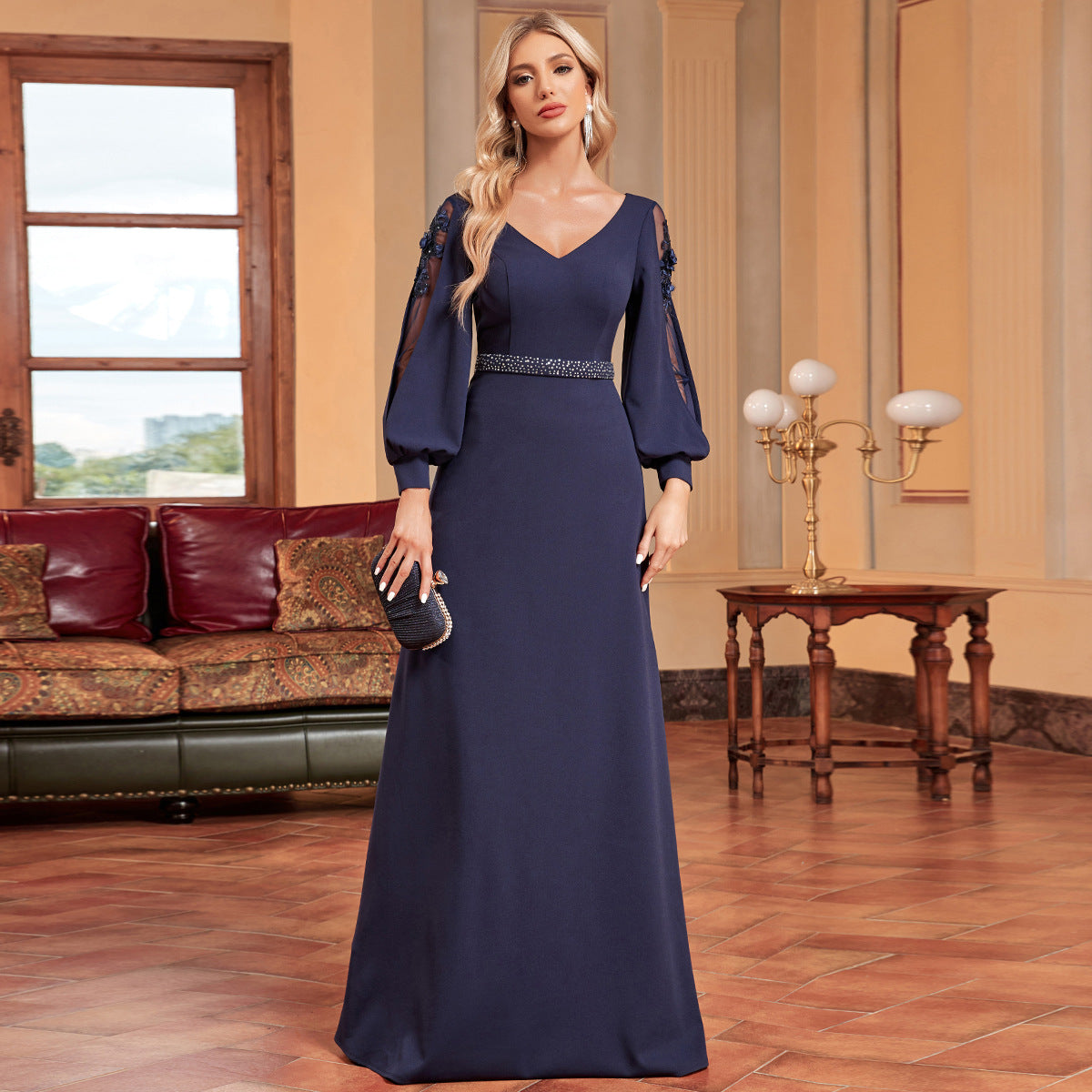 Long Sleeve Dress V neck Bead Maxi Dress Slim Fishtail Bridesmaid Cocktail Evening Dress Women