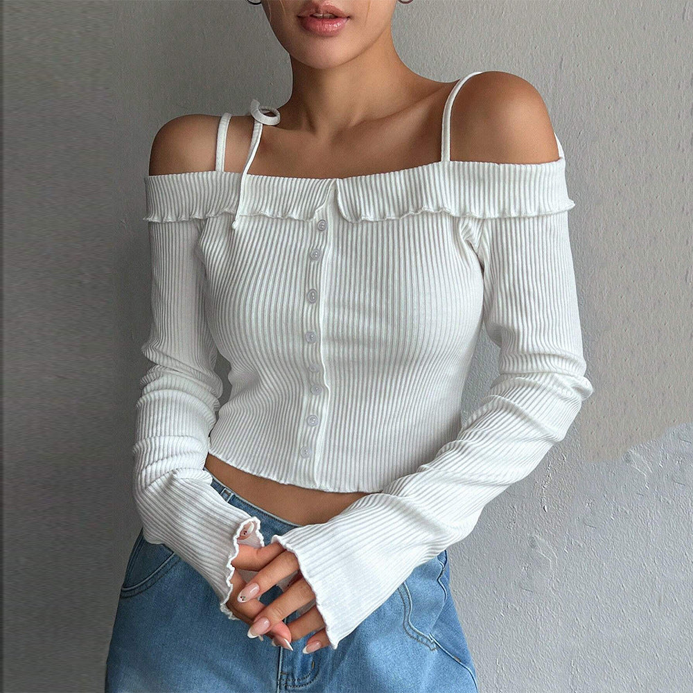 Women Clothing Simple Sweet T Shirt Autumn Winter Boat Collar Strap Short Long Sleeve Top