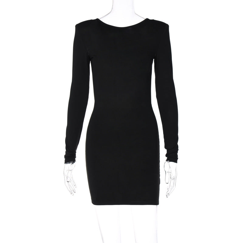 Autumn Winter Women Clothing Solid Color Long Sleeve Dress Sexy Backless Sheath Dress S Black