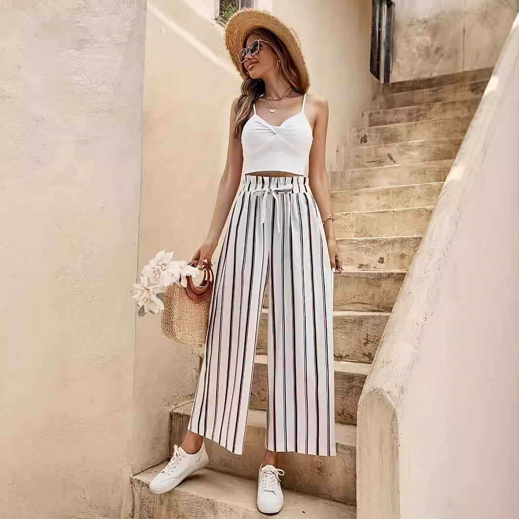 Summer Vacation Popular Women Straight Loose Slimming Casual Striped High Waist Wide Leg Pants