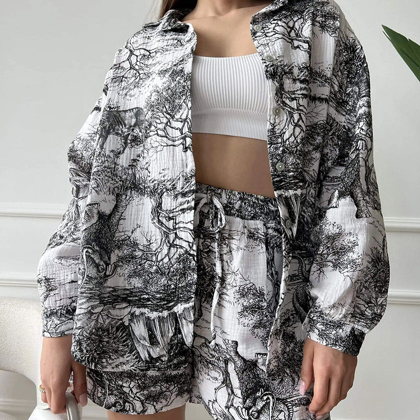 Summer Printed Cotton Pajamas Cardigan Long Sleeve Shorts Two Piece Set for Outerwear Homewear Women