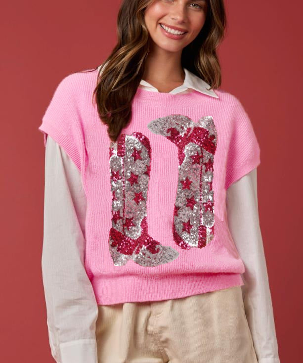 Autumn Winter Women Clothing Christmas Guard Sequined Sweater Vest round Neck Knitted Top Pink Boots