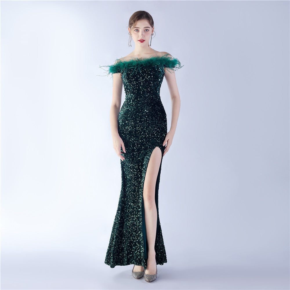 Velvet Bottom Sequin Craft Order Ostrich Hair off-Shoulder High End Evening Dress