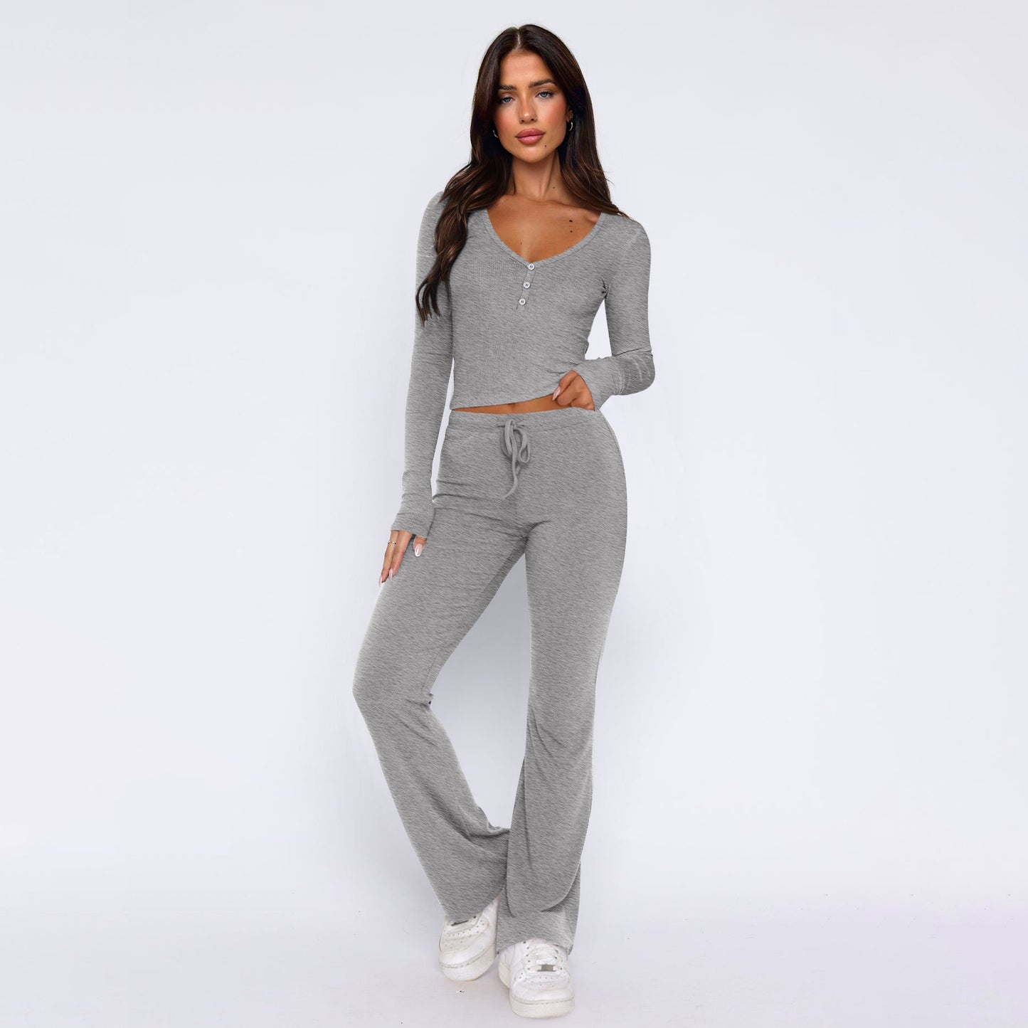 Sweet Spicy Long Sleeved Shirt Casual Pants Two Piece Set Set Women Gray