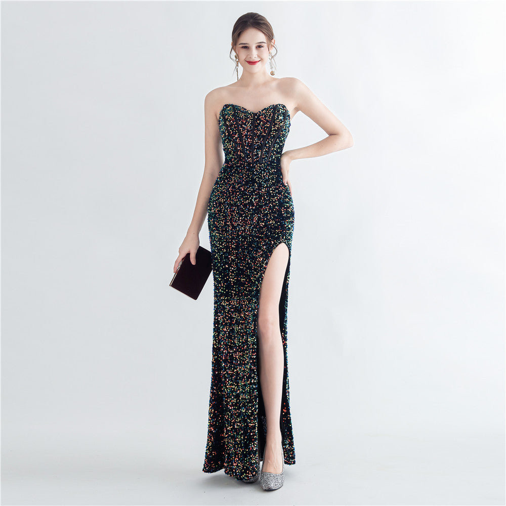 Colorful Sequin Lash Rope Chest Side Slit Tube Top Boning Corset Evening Dress Symphony black