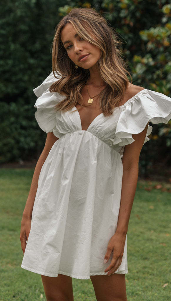 Women Clothing V Neck Ruffle Sleeve Youthful Short Dress White