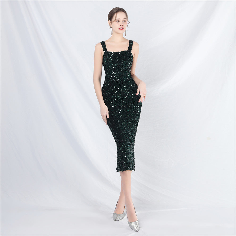 Velvet Bottom Imitation Handmade Magic Color Sequined Dress Daily Dress blackish green