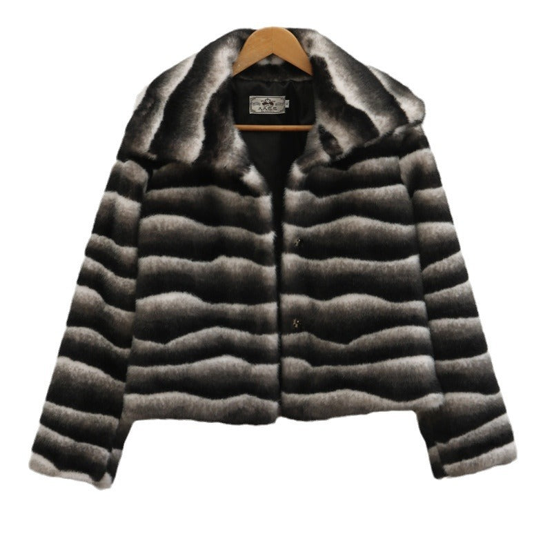 Women Fur Coat Casual Autumn Winter Zebra Pattern Artificial Mink Hair Collared Short Coat Thickened