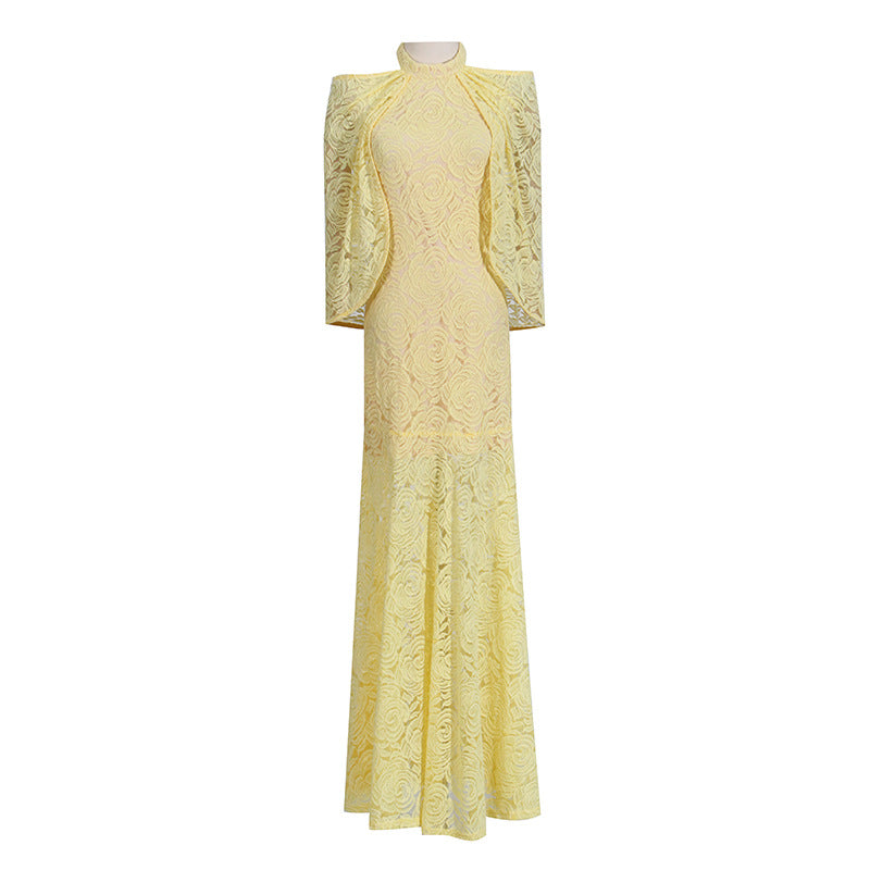 Graceful Fashionable Elegant Dress Autumn Winter Light Luxury Embroidered Chic Transparent Shawl Dress for Women Yellow