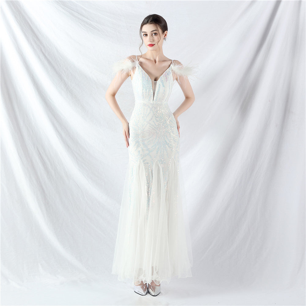 Color Craft Order Ostrich Feather Mesh Sequin Sexy Sling Dress Evening Dress White