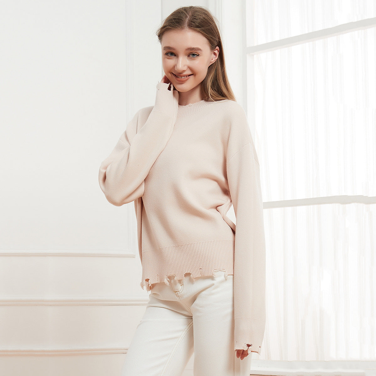 Round Neck Solid Color Hollow Out Cutout out Frayed Casual Simple Sweater Knitted Pullover