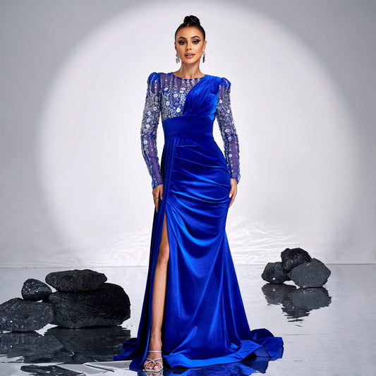 High End Long Sleeve Crew Neck Long Sequined Cocktail Heavy Work Evening Dress Bridesmaid Dress Dress Women