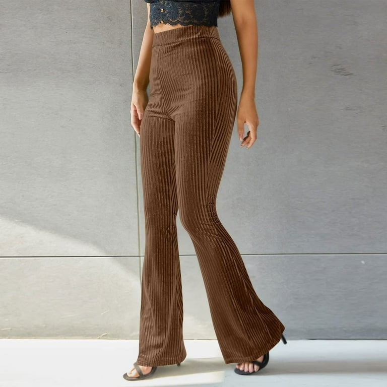 Women Clothing Sexy Solid Color High Waist Pleuche Sunken Stripe Bell Bottom Pants