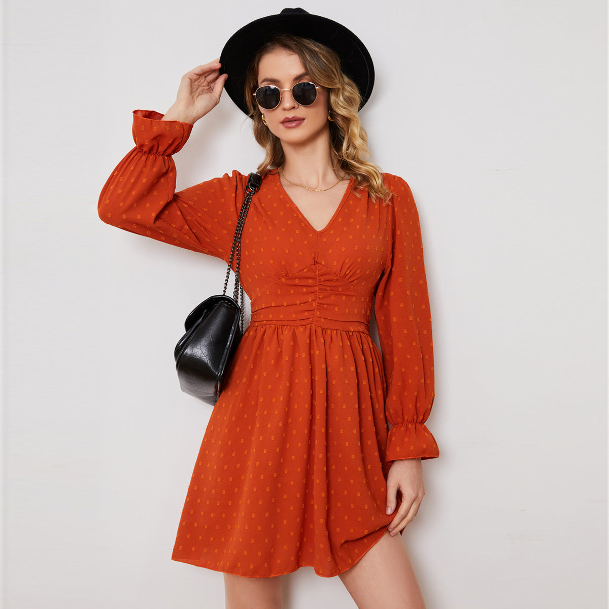 Dress Women Clothing Spring Summer Jacquard V Neck Waist Dress