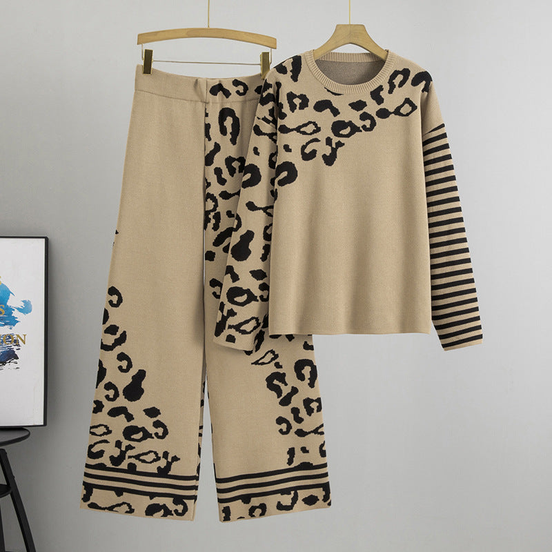 Spring Autumn Women Two Piece Set High Sense Loose Leopard Print Sweater Pants Casual Women One Size Khaki