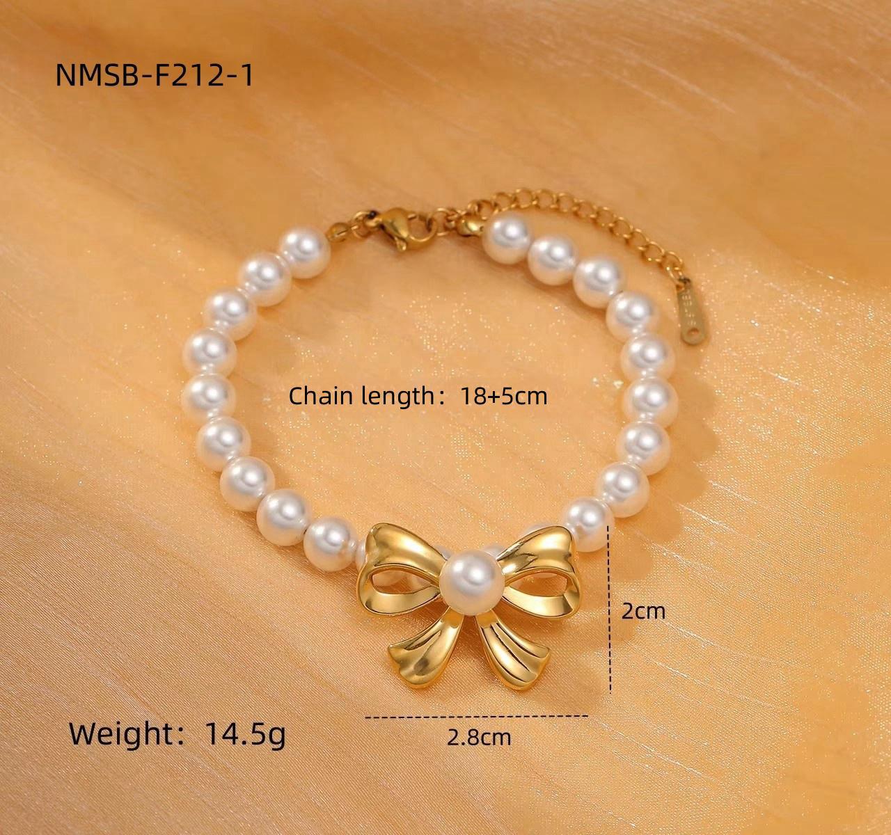 Elegant Titanium Steel Bow Pearl Bracelet Women Arrival 18K Vacuum Gold Plated Stainless Steel Bracelet One Size NMSB-F212-1