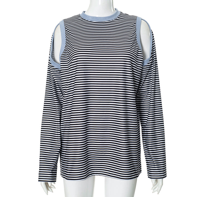 Women Clothing Striped Contrast Color off Shoulder Long Sleeve Casual Fall Clothing Top Blue