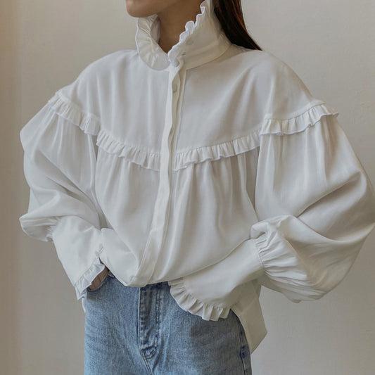 Women Clothing Early Spring Shirt Women French Collared Lantern Sleeve Lace Design Loose White Shirt