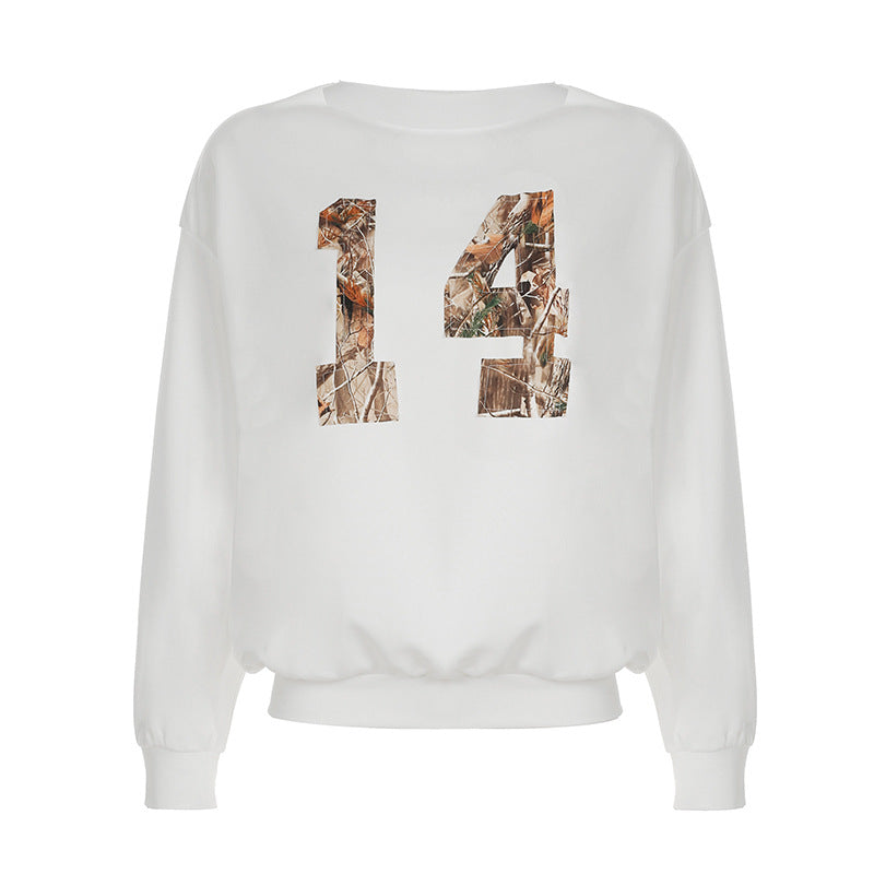 Tree Print Digital Patch Loose Sweater Sexy Street Cool round Neck Lazy Casual Top White