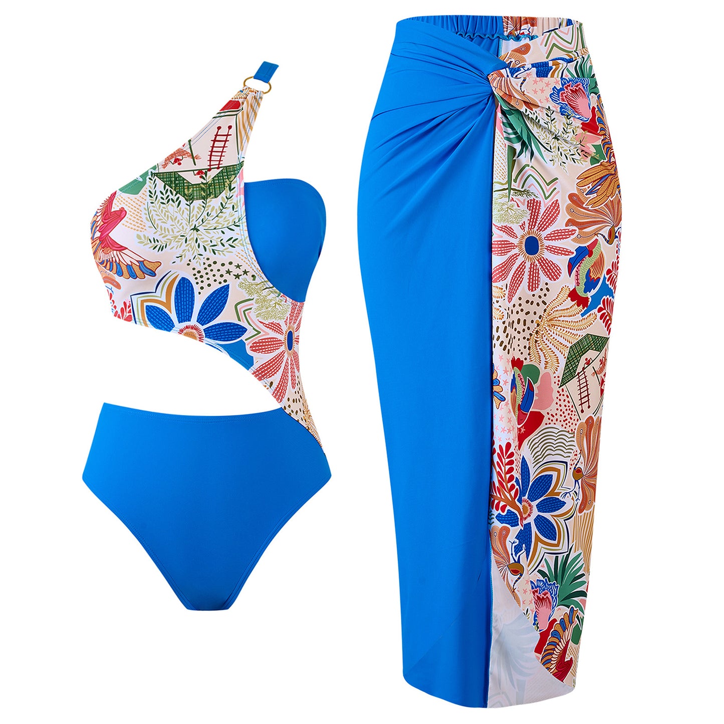 Sexy Swimsuit Color Matching Printed Two Piece Set Polyester Skirt Swimsuit Outfit Blue