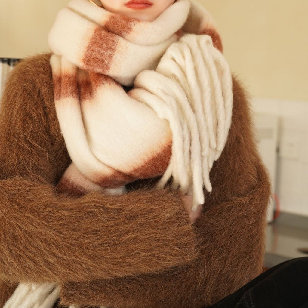 Offers Autumn Winter Thickened Circle Yarn Thick Braid Tassel Stripes Artificial Cashmere Scarf