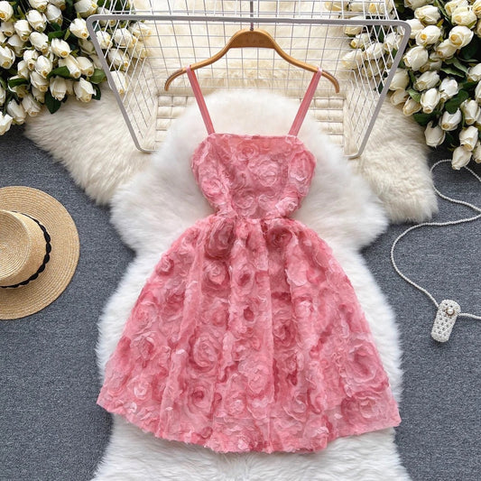 Summer Three-Dimensional Rose Embroidered Sweet Elegance First Love Strap Lace up Dress for Women