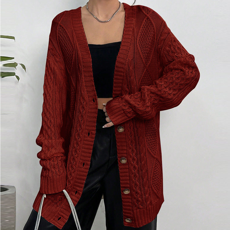 Autumn Winter Sweater Coat Casual Loose Twisted V neck Mid Length Knitted Cardigan Wine Red Sweater Coat