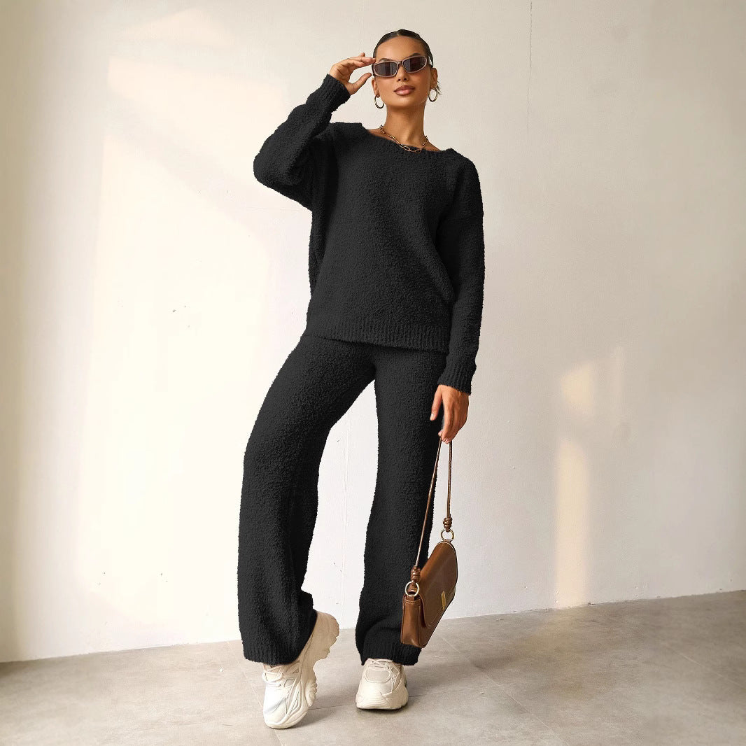 Autumn Winter Solid Color Women round Neck Long Sleeve Trousers Thick Warm Sets