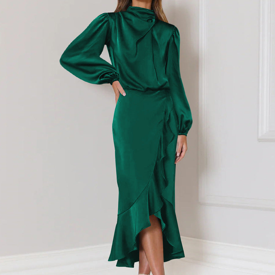 Fishtail High Grade Satin Long Sleeve Loose Dress Elegant Women Dress Evening Dress Dark Green