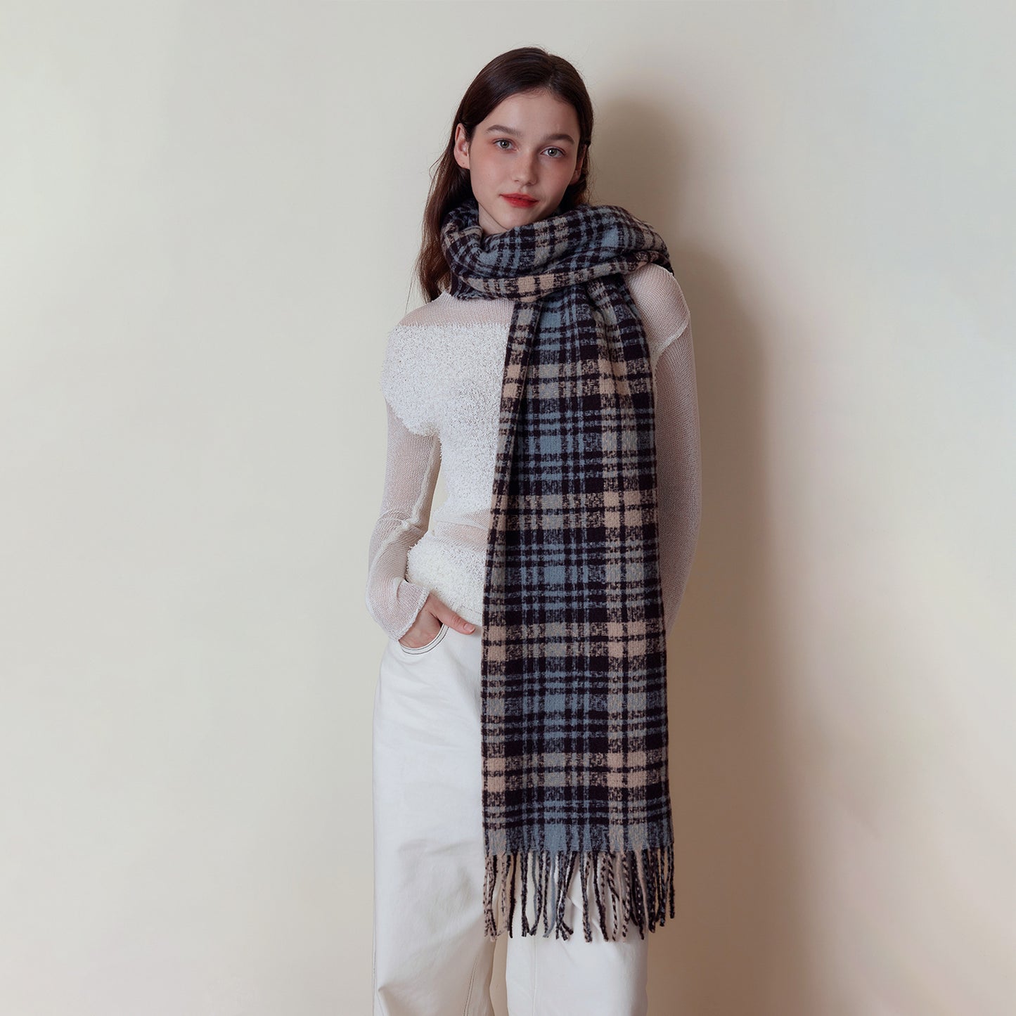 Korean British Cashmere like Vintage Plaid Scarf Winter Women Warm Shawl Shawl Scarf One Size Multi1