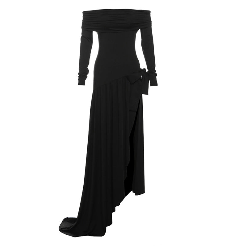 Women Clothing Autumn Winter Sexy off Shoulder Hollow Out Cutout Solid Color Bow Long Sleeve Split Dress Women Black