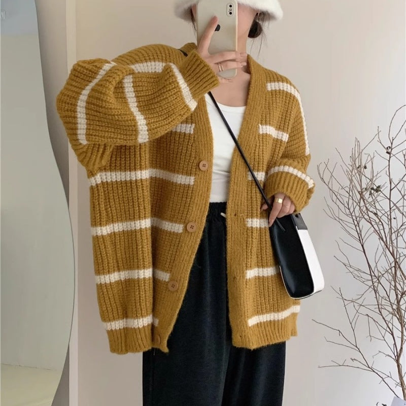 Lazy Contrast Color Striped Knitted Cardigan for Women Autumn Winter Retro V neck Loose Slimming Sweater Tide One Size Yellow