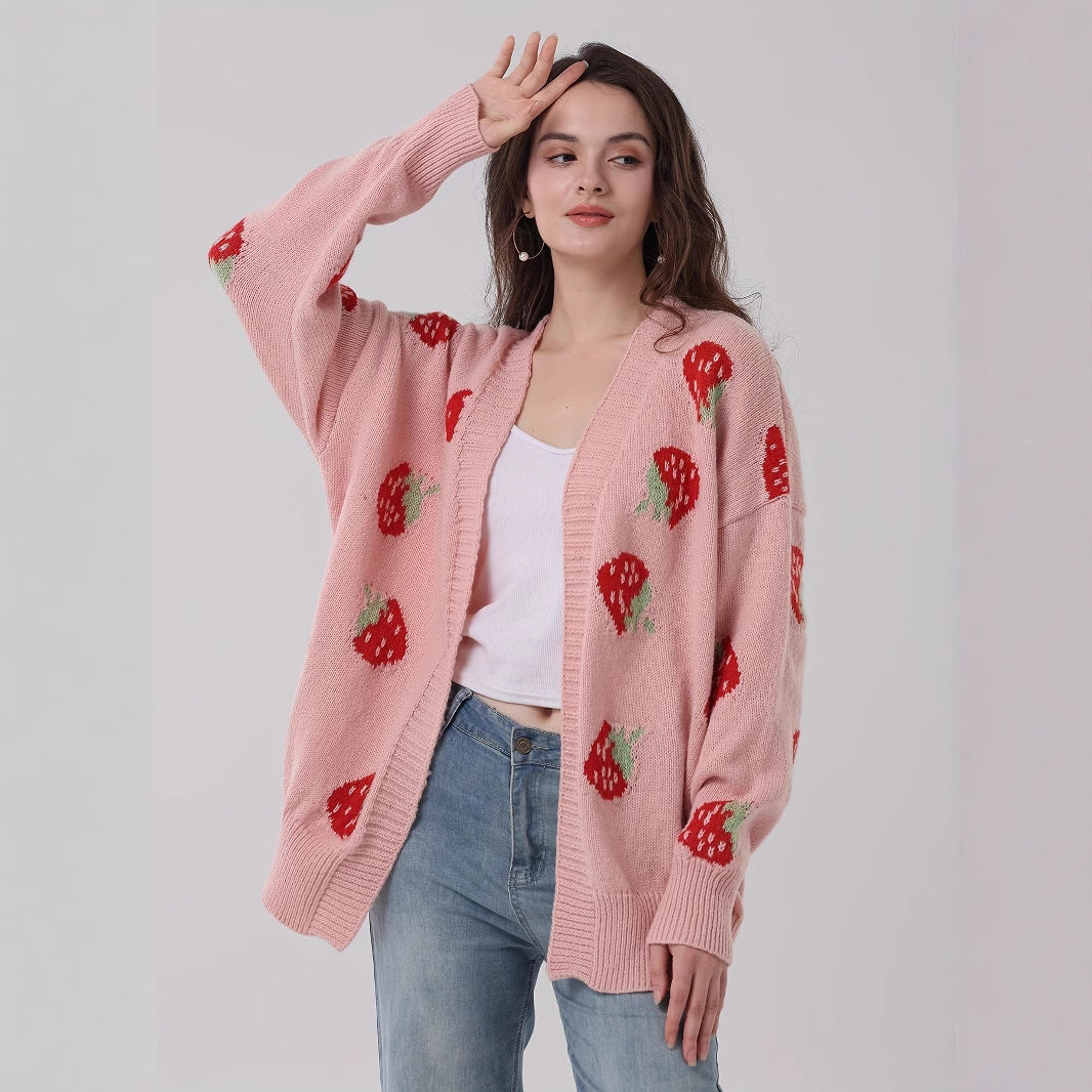 Autumn Winter Women Knitted Cardigan Comfort Casual Strawberry Pattern Sweater Cardigan