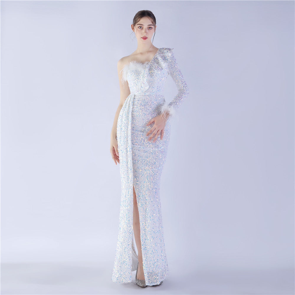 Craft Ostrich Feather Ruffled Side Slit High End Sequined Evening Dress White