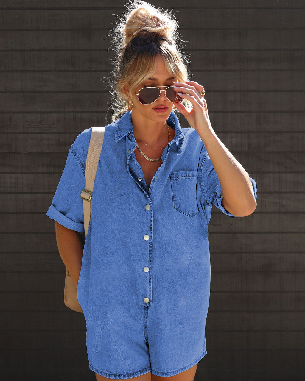 Summer Street Hipster Collared Short Sleeve Shorts Denim Jumpsuit