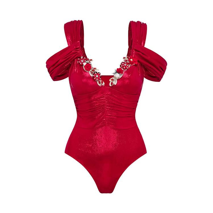 V Neck Solid Color Luminous Fabric One Piece Swimsuit Women Red Swimsuit