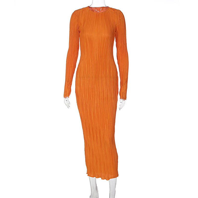 Women Clothing Autumn Casual Solid Color round Neck Long Sleeve Slim Dress S Orange