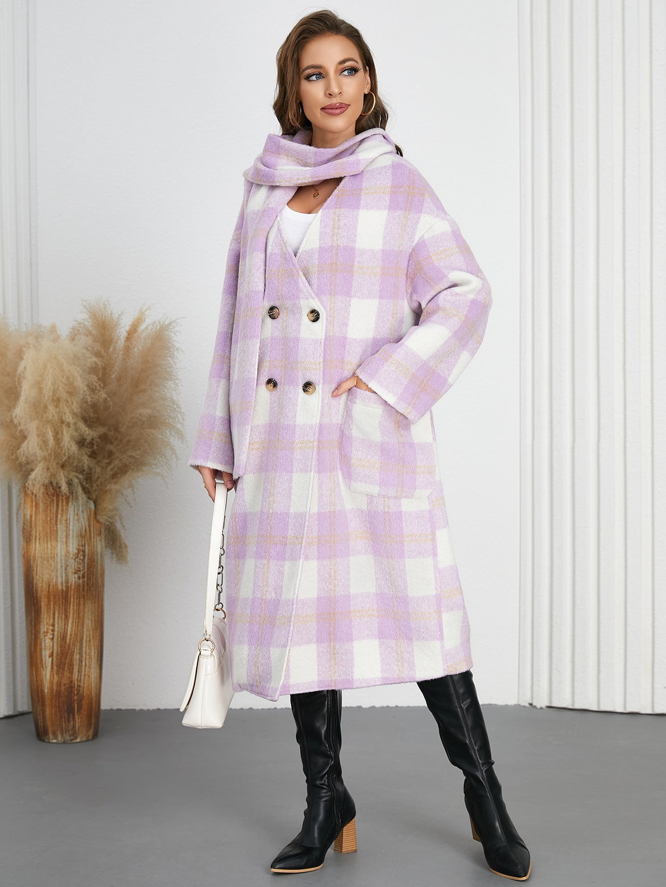 1540Winter Women id Length Plaid Woolen Coat Elegant Graceful Double Breasted V neck Scarf Coat Purple