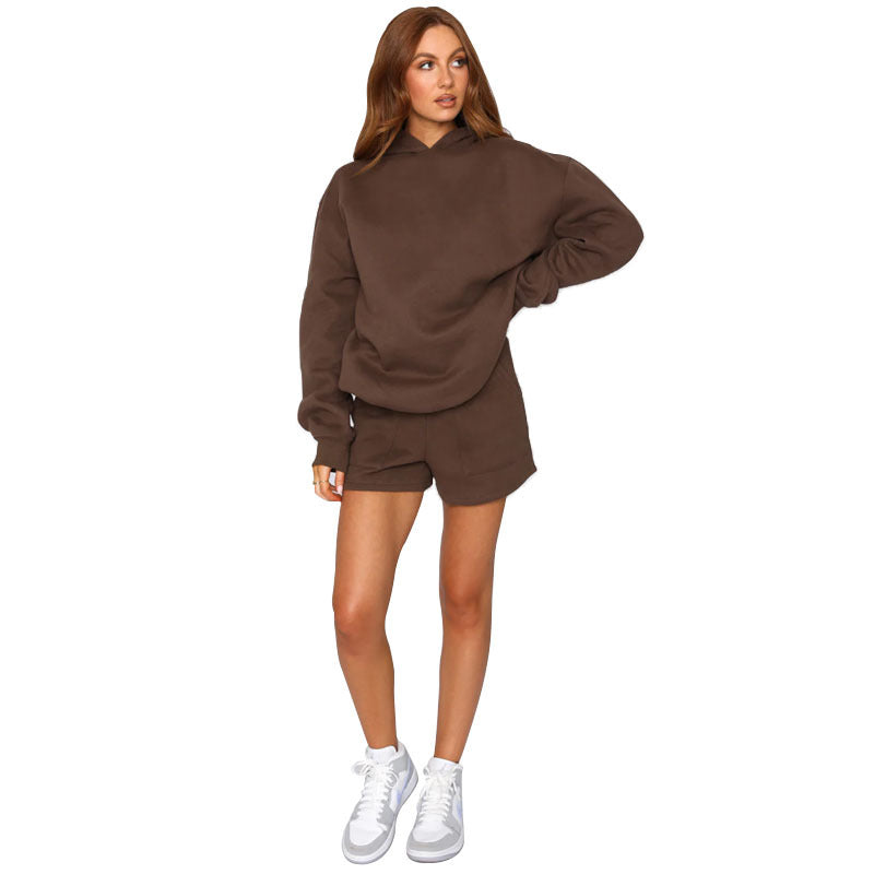 Autumn Winter Solid Color Hooded Pullover Long Sleeve Sweaters Women Clothing Shorts Suit Coffee