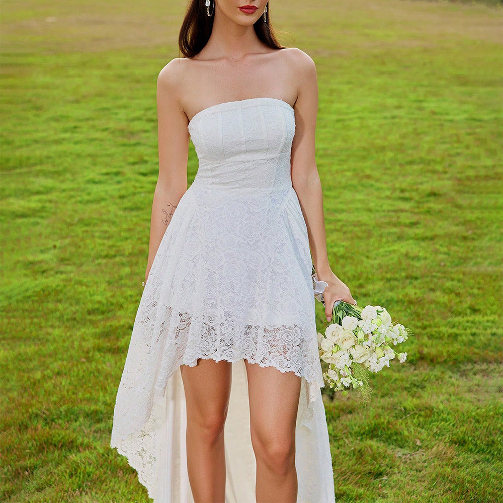 Summer Elegant Casual Dress Tube Top Lace Ruffled Vacation Wedding Dress