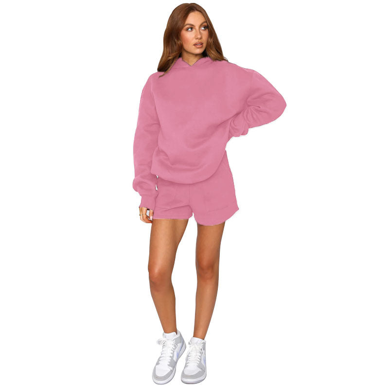 Autumn Winter Solid Color Hooded Pullover Long Sleeve Sweaters Women Clothing Shorts Suit Pink