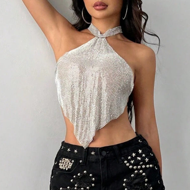 Women Clothing Metal Sequ Sexy Suspenders Nightclub Party Sexy Top Halterneck Vest Women