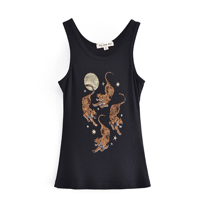 Summer Shaped round Neck Slim Fit Three Tiger Printed High Elastic Thread Vest Top Black