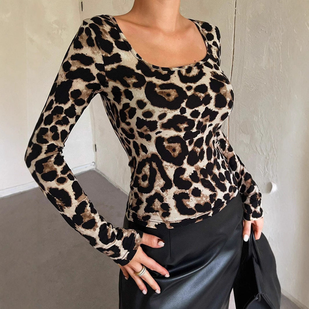 Spring Women Leopard Print Scoop Slim Fit Long Sleeved T shirt Top Women