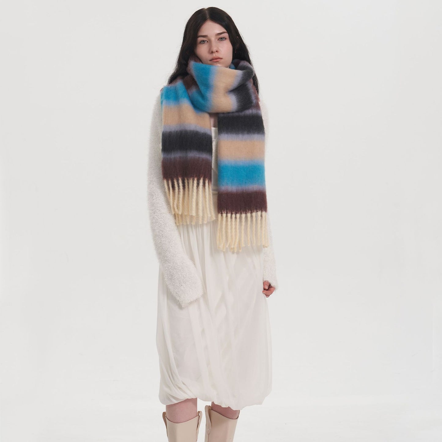 All Matching Thick Soft Glutinous Striped Stitching Mohair Cashmere like Plaid Scarf for Women Winter