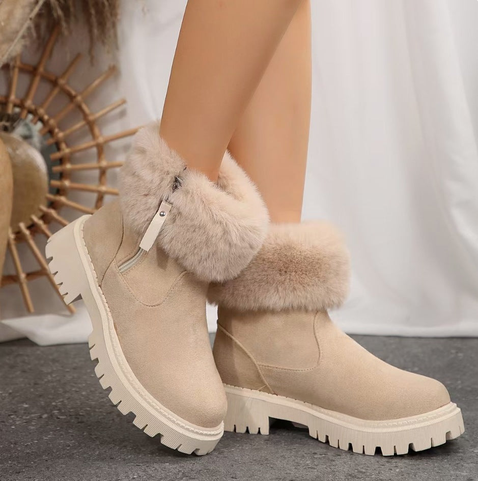 Furry Short Tube Platform Snow Boots Women round Toe Side Zipper Velvet Warm Cotton Shoes