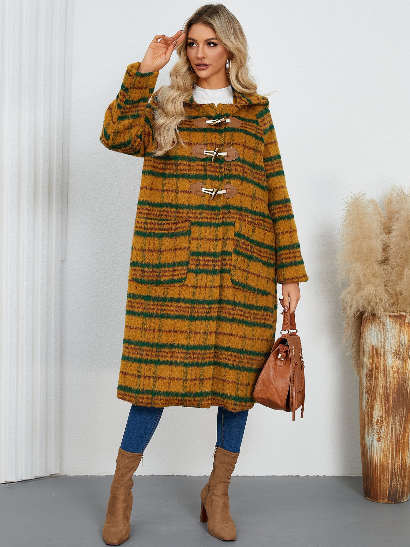 Winter Cardigan Horn Button Woolen Coat Loose Retro Hooded Warm Plaid Long Coat Yellow